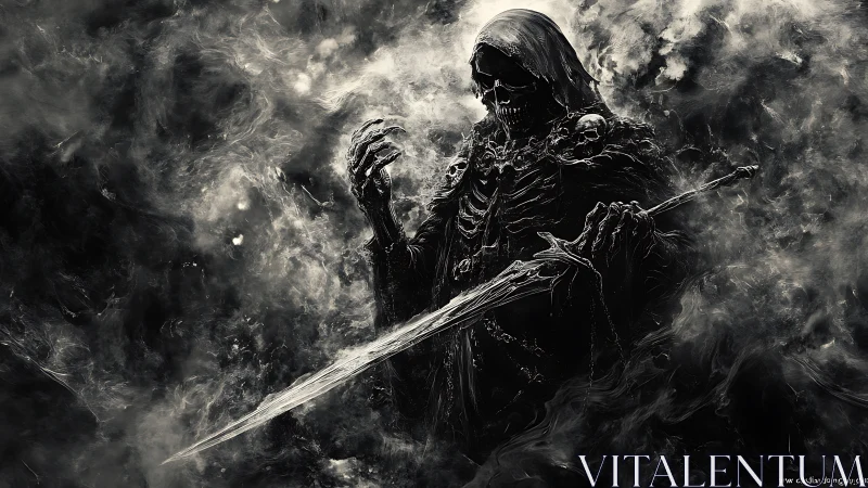 Grim reaper wields spectral sword amid swirling dark mist.