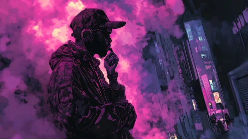 Neon night thoughts with a quiet beat in the city haze.