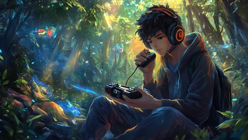 Forest gamer tunes into glowing signals of a digital wild.