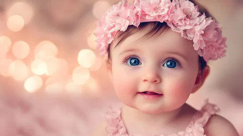 Infant Portrait in Pink Floral Headpiece with Soft Focus