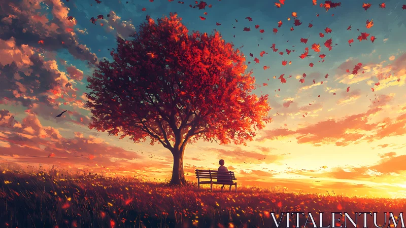 Person on bench under red autumn tree at sunset sky.