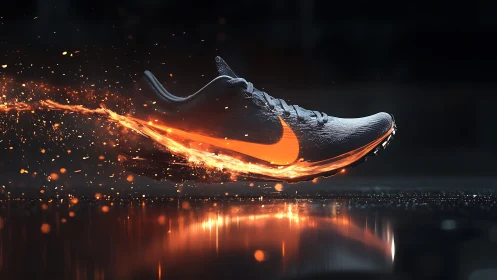 Running shoe with fiery motion trail on reflective surface.