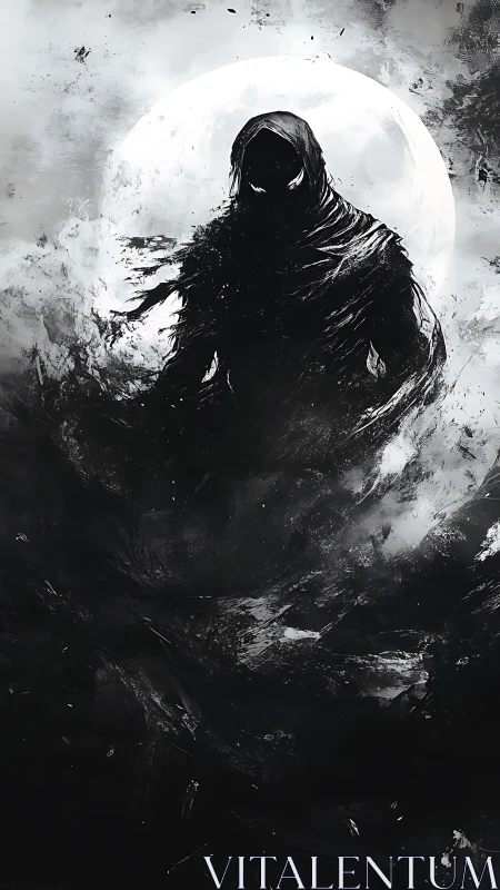 Moonlit shadow wanderer wrapped in swirling midnight fog.