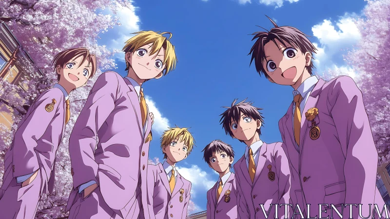 Cherry blossoms applaud six pastel-clad friends below