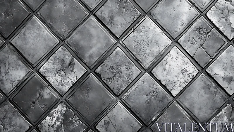 Weathered metallic floor tiles form cracked diagonal grid