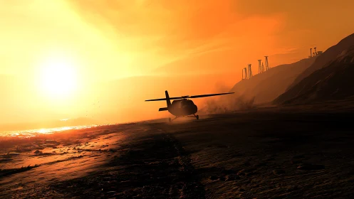 Sunlit coastal approach with silhouetted landing helicopter.