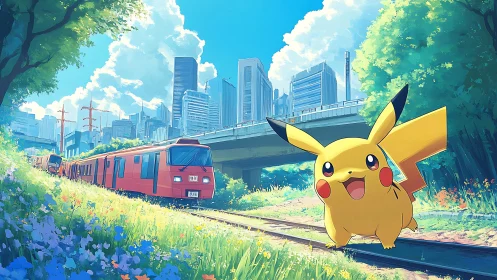 Vibrant electric creature beside urban red commuter train.