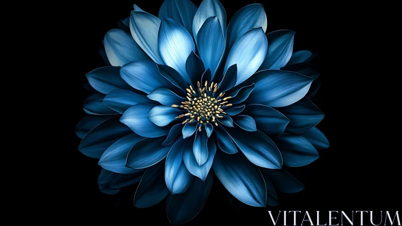 Blue dahlia with layered petals and golden center on black background.