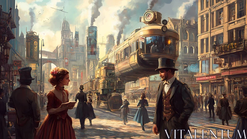 Steampunk city street hums with hovering train and strangers