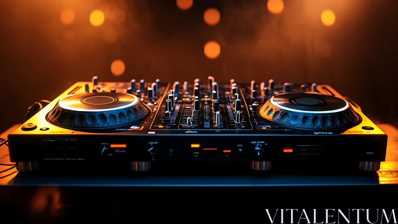 DJ controller on club stage with warm orange lights glow.
