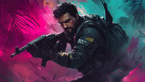 Neon jungle commando poised in vivid tactical stance.