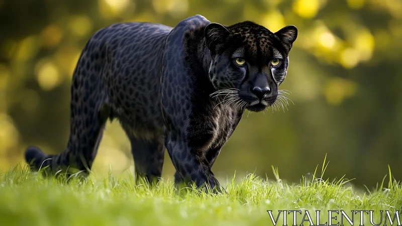 Black Panther on Grass with Blurred Foliage Background