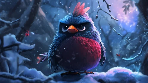 Grumpy Cartoon Bird in Snowy Forest, Digital Fantasy Art Style.