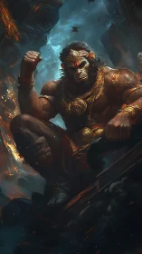 Mythic warrior monkey god in molten battlefield environment