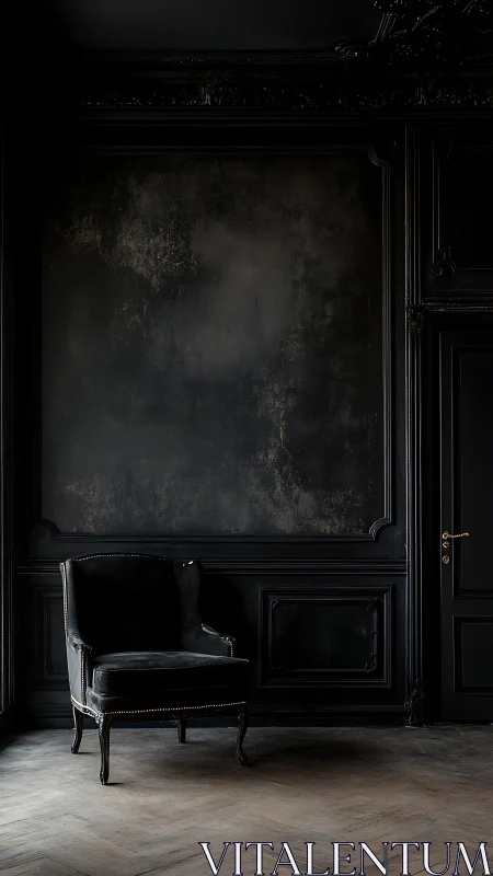 Velvet shadowed armchair quietly crowns the noir room