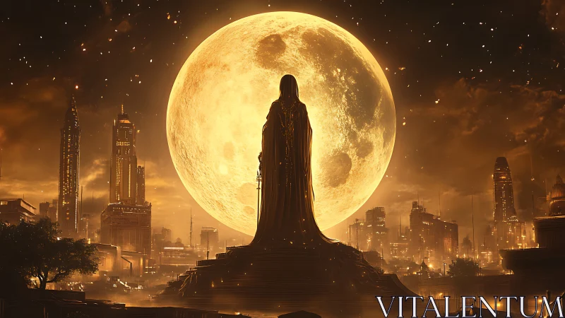Backlit cloaked monument dominates lunar-lit futuristic skyline
