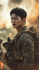 Soldier in tactical gear amid smoke and scattered flames.