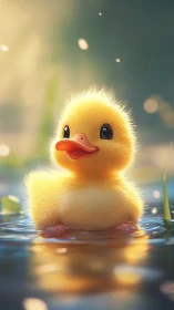 Sunlit duckling drifting softly on glowing rippled water.