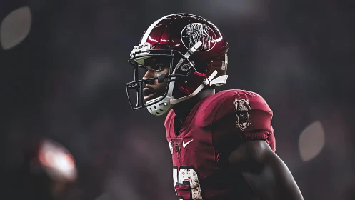 Floodlit football defender in maroon helmet and tactical gear.