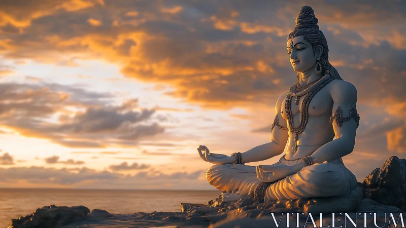 Meditating deity statue on rocky shore at sunset horizon.