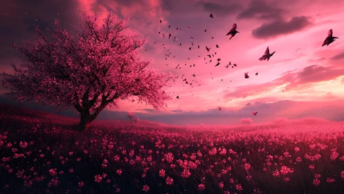 Pink blossom tree in vast field under vivid sunset sky.