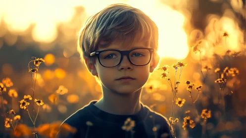 Young Dreamer in Golden Wildflowers at Sunset