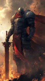 Firelit armored knight with blazing sword in storm.