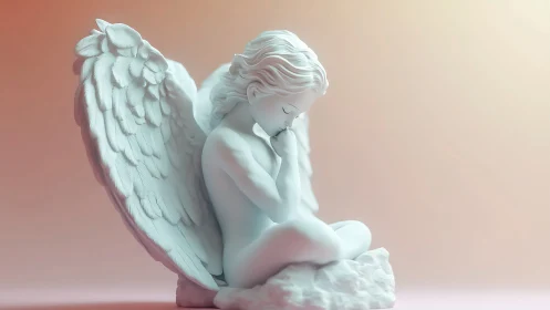 White winged child sculpture in side profile on pastel ground.