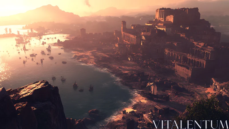 Sun-drowned ancient harbor city wrapped in ember haze.