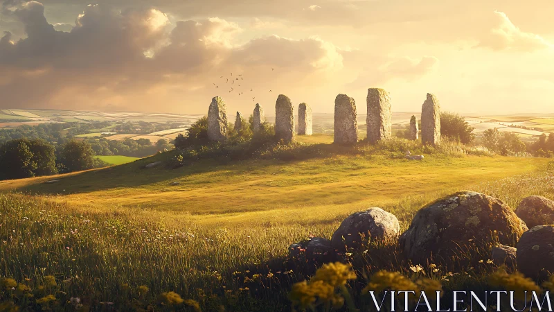 Sunlit megalithic stone circle on pastoral summer hillside