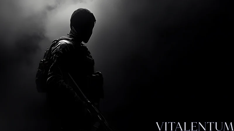 Tactical soldier silhouette holds rifle in heavy shadow.
