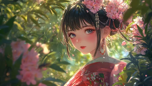 Anime girl in floral kimono surrounded by spring blossoms.
