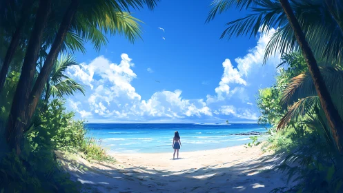 Tropical shoreline vista with solitary figure in digital light.