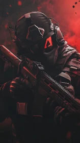 Cybernetic assault operative in red tactical low key lighting.