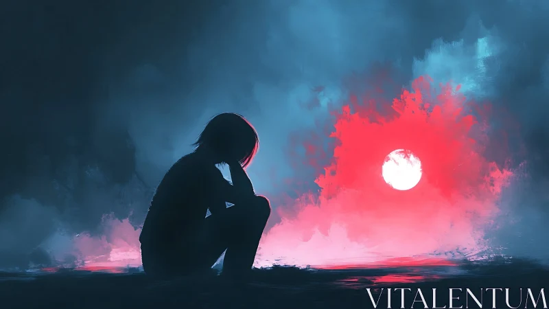 Silhouetted figure beside neon-red sun in atmospheric mistscape.