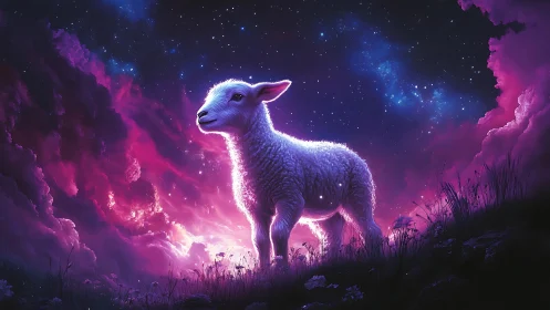 Lamb standing in luminous meadow under nebula night sky.