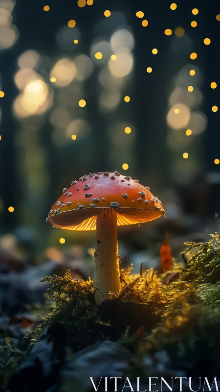 Macro forest mushroom under bokeh lights with shallow depth of field