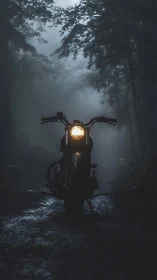 Motorcycle headlamp cuts through dense fog on forest trail