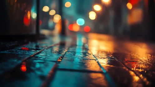 Rain-washed city sidewalk glowing with soft evening lights.