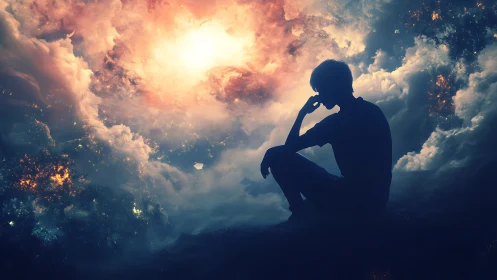 Quiet thinker resting inside a swirling cosmic daydream.