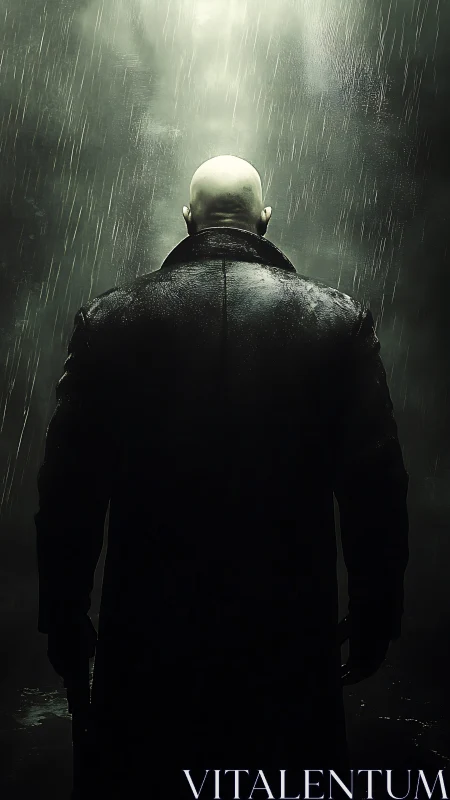 Bald trench coat figure backlit in cinematic rain shaft