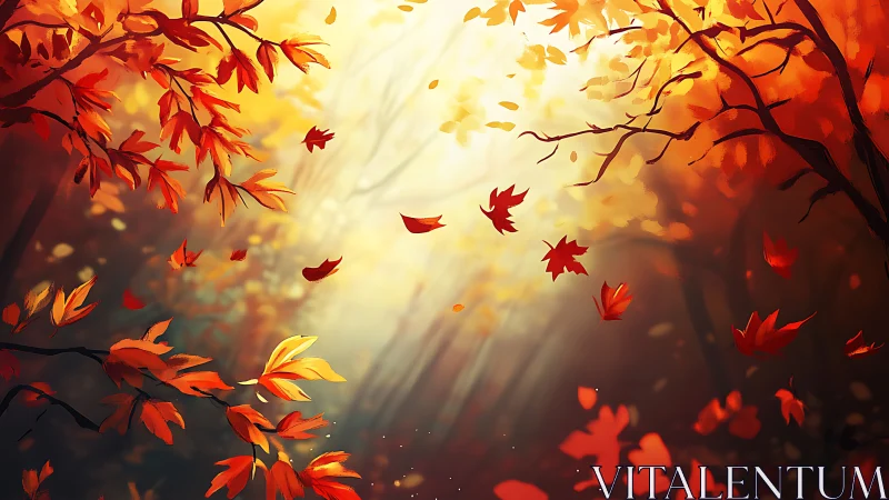 Autumn leaves whirl in golden forest lightdream radiance.