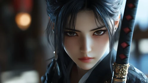 Sword-wielding woman stares forward with intense focus