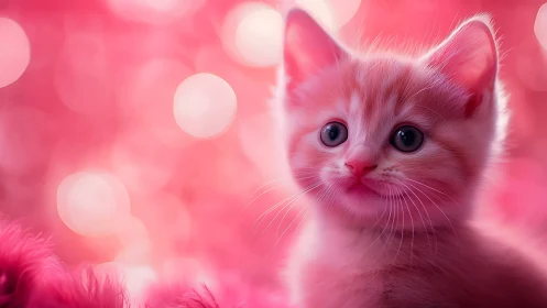 Adorable Pink Kitten Gazes Softly Through a Dreamy Bokeh Garden.