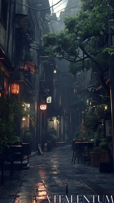 Photoreal rainy alleyway with lantern-lit bistro frontage.
