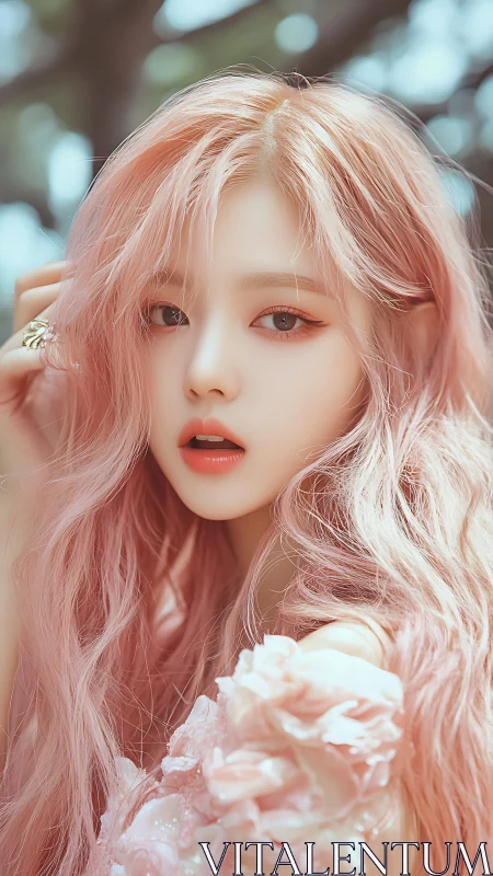 Soft pastel portrait of pink haired girl in dreamy bloom.