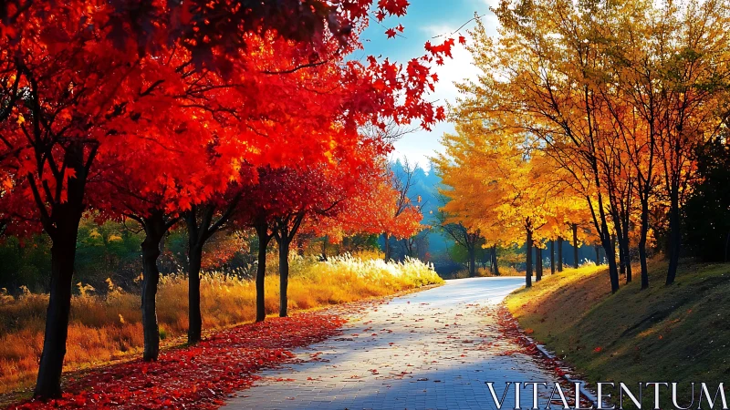 Tree-lined paved path displays contrasting autumn foliage