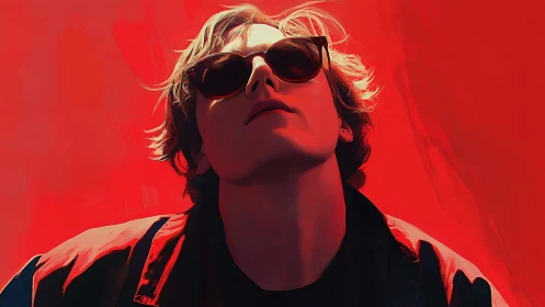 Defiant youth in sunglasses rises against a blazing red haze