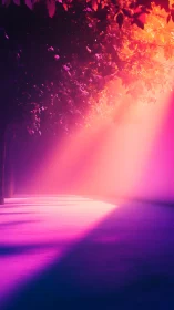 Neon light cascades through dreamy forest canopy at dusk.