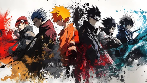 Elemental anime warriors stride through splintered color storms.